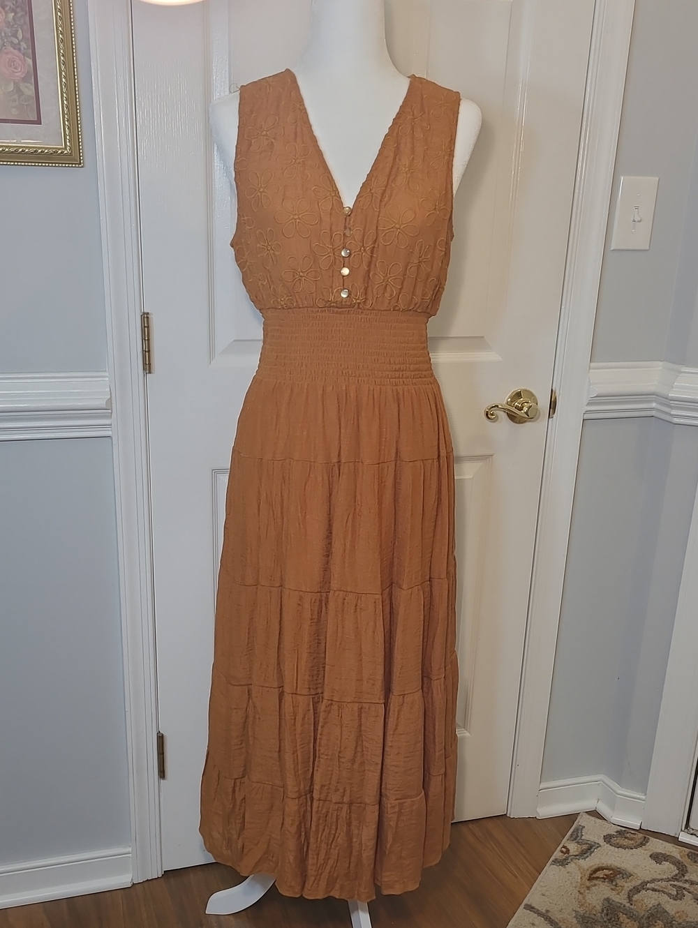 J. Jill Embroidered V-Neck Maxi Dress in Rust Brown